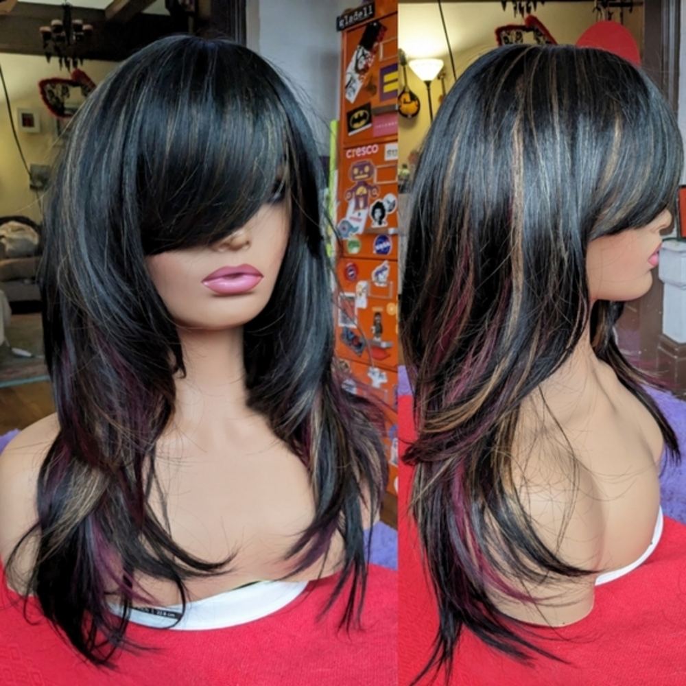 Punk Layered Black and color streaks highlights wig